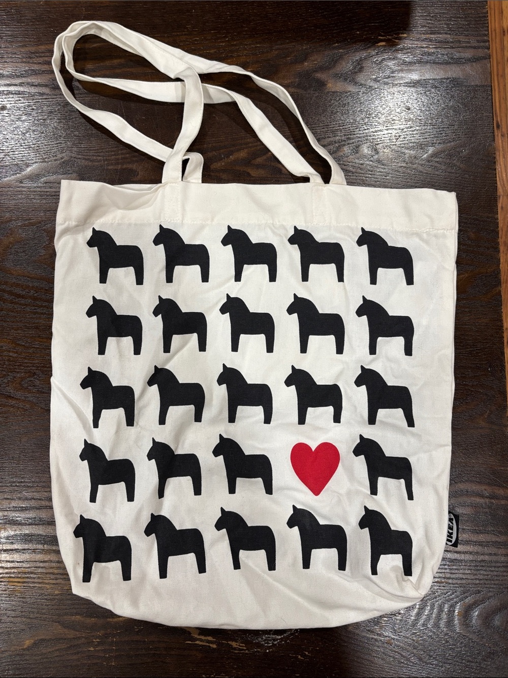 Hasthage Cream Canvas Tote with Black Horse Pattern and Red Heart